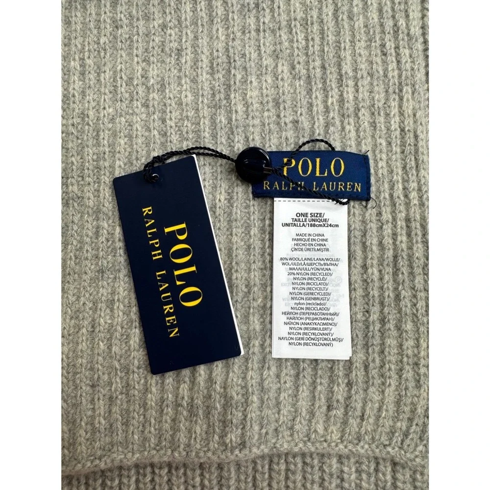 Polo Ralph Lauren Mens Grey Ribbed Wool Blend Scarf Embroidered Pony Logo NWT